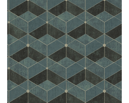 Papier peint intissé 38202-3 Titanium 3 motif losanges bleu vert Papier peint à motif géométrique de cubes