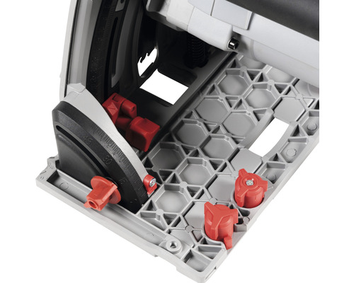 Vue détaillée d''une scie plongeante avec vis de blocage rouge et réglage de l''angle