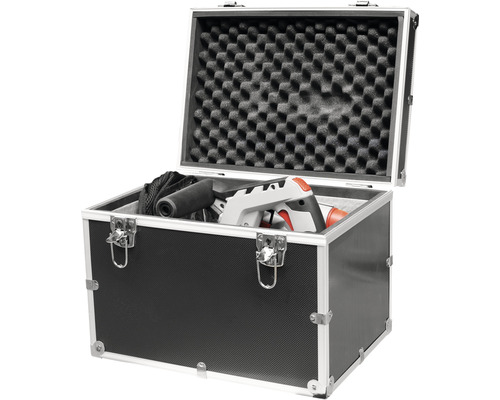 Coffre à outils ouvert avec insert en mousse et outil