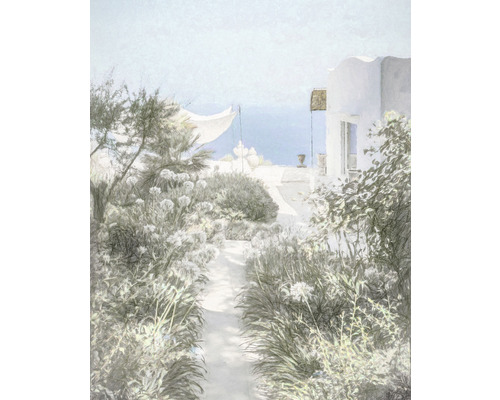 Papier peint panoramique intissé LJX4-009 Le Jardin Côte d’Azur 4 pces 200 x 250 cm Scène d''un jardin avec chemin, plantes et vue sur la mer