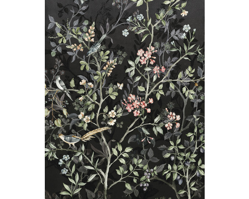 Papier peint panoramique intissé LJX4-014 Le Jardin Nuit Royale 4 pces 200 x 250 cm Papier peint avec motifs de branches, de feuilles, de fleurs et d''oiseaux