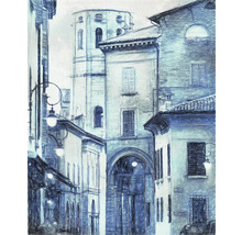 Skizze einer italienischen Stadtansicht mit alten Gebäuden und einem Turm