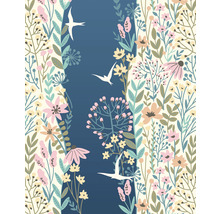 Illustration eines Flusses mit Blumen und fliegenden Vögeln