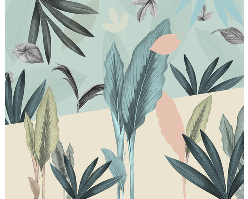 Papier peint panoramique intissé LJX6-032 Le Jardin Naïve 6 pces 300 x 250 cm Illustration de différentes feuilles tropicales
