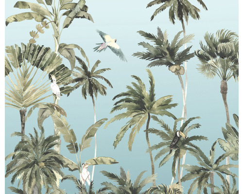 Papier peint panoramique intissé LJX6-035 Le Jardin Forêt de Palmiers 6 pces 300 x 250 cm Illustration de palmiers et d''oiseaux
