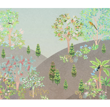 Papier peint avec des arbres et des oiseaux tropicaux