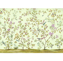 Papier peint avec arbres, fleurs, baies et oiseaux