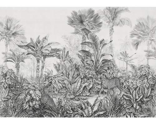 Papier peint panoramique intissé LJX7-041 Le Jardin Léopards 7 pces 350 x 250 cm Illustration d''une scène de jungle avec des palmiers, des bananiers, des plantes tropicales et deux léopards