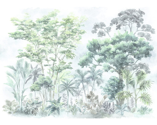 Papier peint panoramique intissé LJX7-042 Le Jardin Silva 7 pces 350 x 250 cm Illustration d''arbres et de plantes dans la jungle