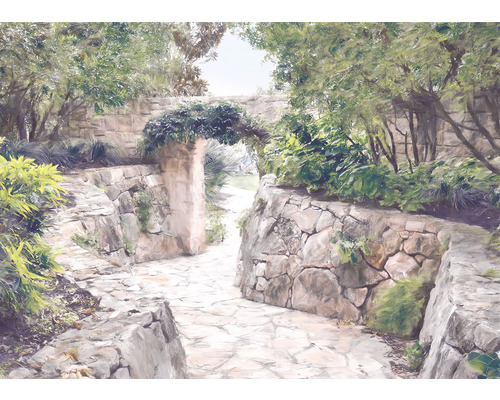 Papier peint panoramique intissé LJX7-051 Le Jardin Passage 7 pces 350 x 250 cm Chemin de jardin avec mur en pierre et arc sous les arbres
