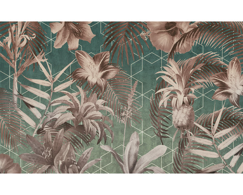 Papier peint panoramique intissé LJX8-054 Le Jardin Toujours 8 pces 400 x 250 cm Papier peint avec des motifs de fleurs, de feuilles et d''ananas