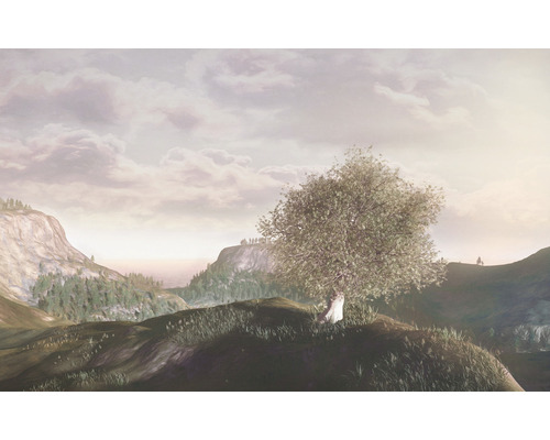 Papier peint panoramique intissé LJX8-059 Le Jardin Lieu Magique 8 pces 400 x 250 cm Paysage avec arbre, collines et montagnes