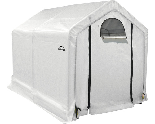 Weisses Gewächshaus mit Fenster und ShelterLogic Logo.