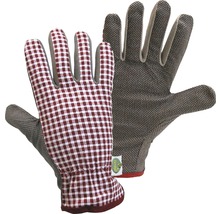 Deux gants de jardinage, un à carreaux, un avec motif à pois