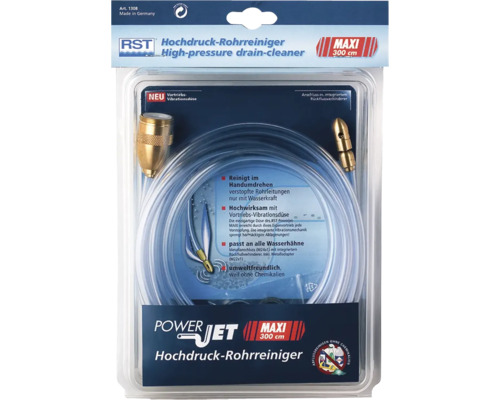 Hochdruck Rohrreiniger Set mit zwei Aufsätzen und Schlauch in Verpackung
