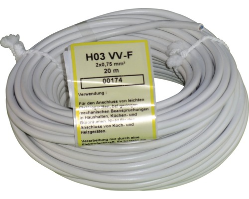 Câble d''installation électrique blanc H03 VV-F, 2x0,75 mm², couronne de 20 mètres