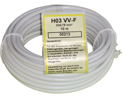 Weisse Elektroleitung H03 VV-F 3G0,75 mm² mit 10 Meter Länge