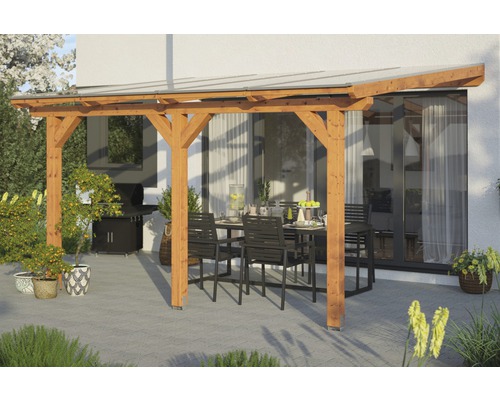 Toiture pour terrasses Skanholz Andria 434 x 250 cm, chêne clair Terrasse en bois avec toit en verre et ensemble de table à manger dans le jardin