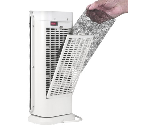 Un radiateur soufflant avec filtre amovible est présenté.