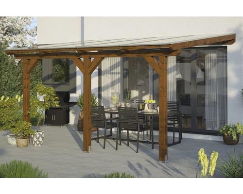 Toiture pour terrasses Skanholz Andria 434 x 250 cm, noyer Terrasse couverte avec poutres en bois, table et chaises dans le jardin
