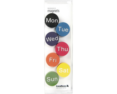 Aimants de semaine en set avec les jours lundi, mardi, mercredi, jeudi, vendredi, samedi et dimanche