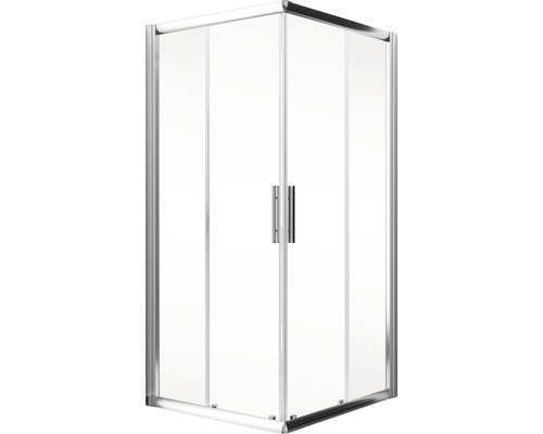 Cabine de douche d''angle avec panneaux de verre transparents et cadre argenté