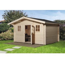 Gartenhaus weka hohes Durchgangsmaß 195 cm, mit Vordach und Fußboden 450 x 370 cm natur
