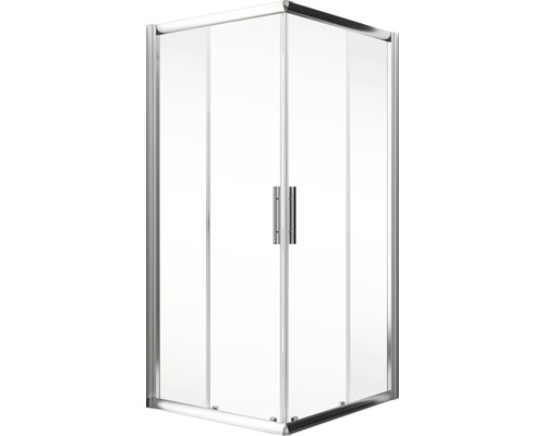Cabine de douche d''angle avec portes en verre et cadre argenté