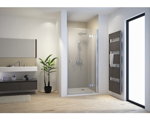 Porte de douche dans niche avec porte pivotante SCHULTE MasterClass ExpressPlus 90 cm couleur du profilé chrome décor de vitre verre transparent avec verre antitache butée de porte à droite