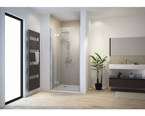 Porte de douche dans niche avec porte pivotante SCHULTE MasterClass ExpressPlus 90 cm couleur du profilé chrome décor de vitre verre transparent avec verre antitache butée de porte à gauche