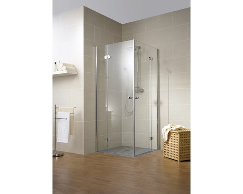 Accès d'angle avec porte pivotante SCHULTE MasterClass ExpressPlus 90 x 90 cm couleur du profilé chrome décor de vitre verre transparent avec verre antitache butée de porte à gauche butée de porte à droite Cabine de douche en verre avec robinetterie dans une salle de bain