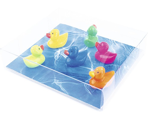 Sechs bunte Quietscheentchen auf einer Unterlage mit Wasser-Motiv