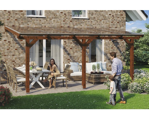 Toiture pour terrasses Skanholz Andria 541 x 300 cm, noyer Terrasse en bois avec salon de jardin et famille dans le jardin