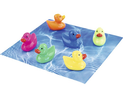 Mehrfarbige Badespielzeugenten auf Wasserbild