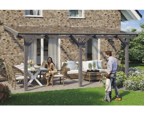 Toiture pour terrasses Skanholz Andria 541 x 250 cm, gris ardoise Terrasse couverte avec coin salon et famille dans le jardin