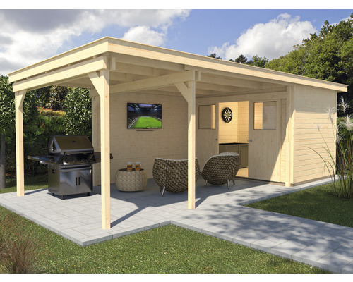 Abri de jardin weka Man Cave Play & Relax taille 4 avec plancher et toiture latérale 744x295 cm naturel