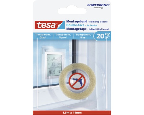 Bande de montage tesa transparent pour verre 1.5 m x 19 mm Tesa Powerbond Ruban de montage pour verre, 1,5 mètre par 19 millimètres