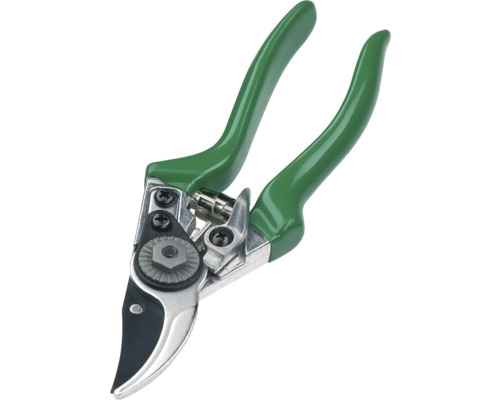 Gartenschere mit grünen Griffen und silberfarbenem Schneidkopf
