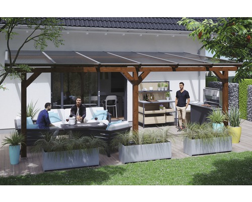 Toiture pour terrasses Skanholz Andria 648 x 300 cm, noyer Terrasse couverte avec barbecue, meubles et jardinières