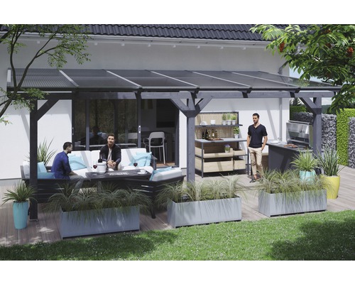 Toiture pour terrasses Skanholz Andria 648 x 300 cm, gris ardoise Terrasse avec barbecue sous un abri avec coin salon