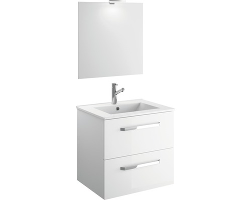 Set de meubles de salle de bains Cygnus Bath Quick lxhxp 61 x 200 x 46 cm couleur de façade blanc haute brillance avec vasque céramique blanc et meuble bas vasque miroir