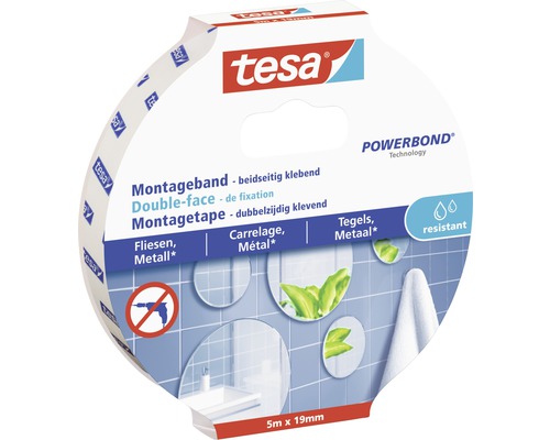 Montageband tesa weiß für Fliesen feuchtraumbeständig 5 m x 19 mm Tesa Montageband für Fliesen und Metall, 5 Meter mal 19 Millimeter