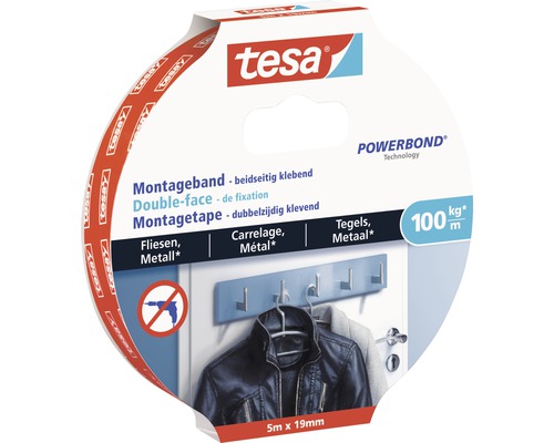 Ruban de montage tesa blanc pour carrelages 5 m x 19 mm Ruban de montage Tesa Powerbond, adhésif double face, 5 mètres sur 19 millimètres, adapté aux carreaux et au métal