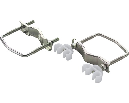 Zwei Rohrschellen aus Metall mit Kunststoffeinsätzen zur Befestigung von Rohren