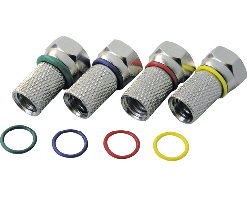 Vier F-Stecker mit farbigen Dichtungsringen