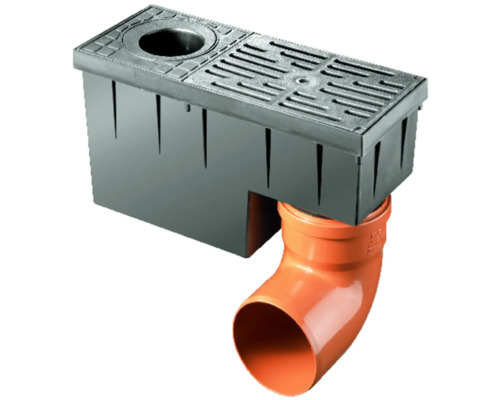 Bac de drainage d'eau de pluie RSK 2000 Marley F.75-110 mm avec coude pour tuyau d'évacuation 380 x 157 x 197 mm