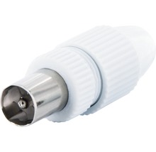 Koaxialstecker mit weißem Kunststoffgehäuse und Metallanschluss