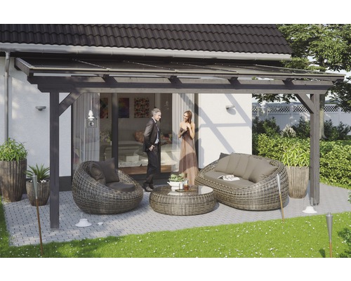 Toiture pour terrasses Skanholz Ancona 541 x 350 cm, gris ardoise Terrasse avec coin salon sous un toit de terrasse