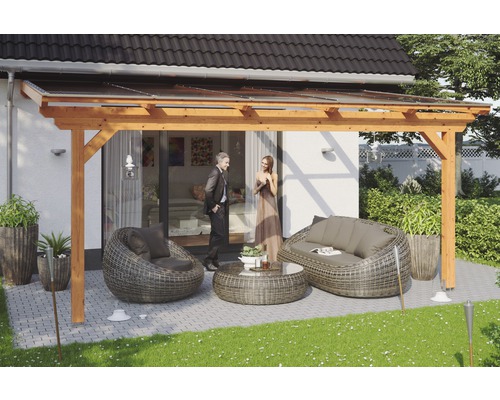 Toiture pour terrasses Skanholz Ancona 541 x 350 cm, chêne clair Terrasse couverte avec structure en bois et coin salon