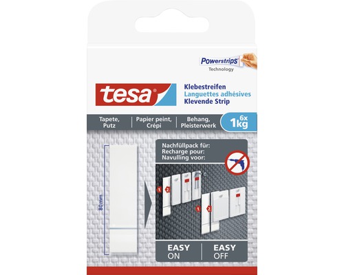 Tesa Powerstrips Technology Klebestreifen Nachfüllpackung für Tapeten und Putz, 6 Stück mit einer Tragkraft von bis zu 1 kg